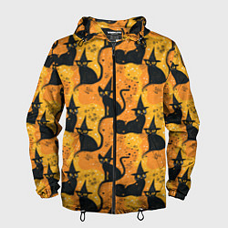 Ветровка с капюшоном мужская Кошки в шляпах - паттерн, цвет: 3D-черный
