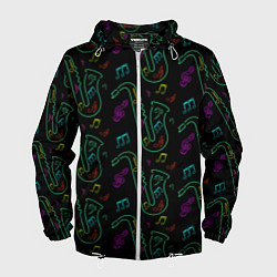 Ветровка с капюшоном мужская Неоновый саксофон и музыкальные ноты, цвет: 3D-белый