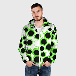 Ветровка с капюшоном мужская Чёрно-зелёные шестиугольники на белом фоне, цвет: 3D-белый — фото 2