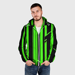 Ветровка с капюшоном мужская Толстые зелёные полосы на чёрном фоне, цвет: 3D-белый — фото 2