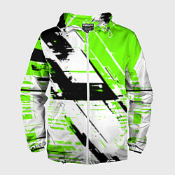 Ветровка с капюшоном мужская Diagonal black and green stripes on a white backgr, цвет: 3D-белый