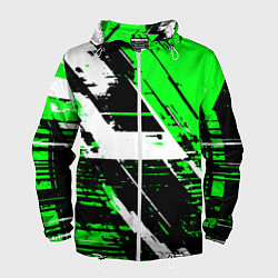 Ветровка с капюшоном мужская Diagonal black and white stripes on a green backgr, цвет: 3D-белый
