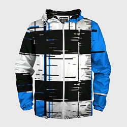 Ветровка с капюшоном мужская Синие и чёрные полосы на белом фоне, цвет: 3D-белый