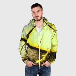 Ветровка с капюшоном мужская Трещины на абстрактном жёлтом фоне, цвет: 3D-белый — фото 2