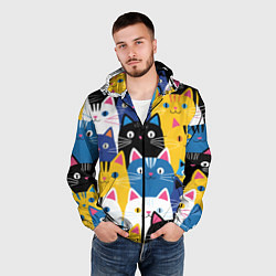 Ветровка с капюшоном мужская Много цветных котиков, цвет: 3D-черный — фото 2