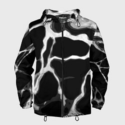 Ветровка с капюшоном мужская Белые абстрактные полосы на чёрном фоне, цвет: 3D-черный