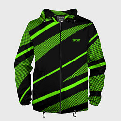 Ветровка с капюшоном мужская Sport чёрный и зелёный полосы, цвет: 3D-черный