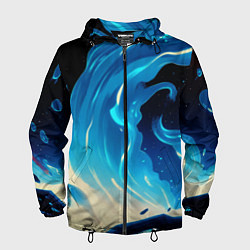 Ветровка с капюшоном мужская Бело-синее пламя из абстрактных красок, цвет: 3D-черный