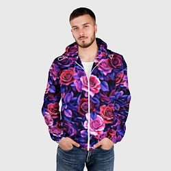 Ветровка с капюшоном мужская Разноцветные цветы - синие розы паттерн, цвет: 3D-белый — фото 2