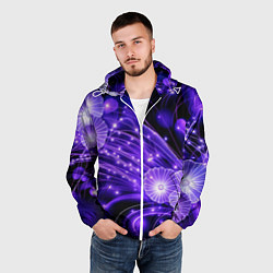 Ветровка с капюшоном мужская Силуэты цветов на темном фоне - фиолетовое свечени, цвет: 3D-белый — фото 2