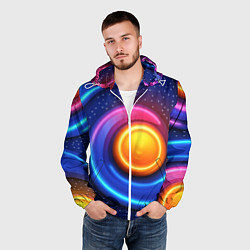 Ветровка с капюшоном мужская Оранжевый круг и голубые линии текстура, цвет: 3D-белый — фото 2