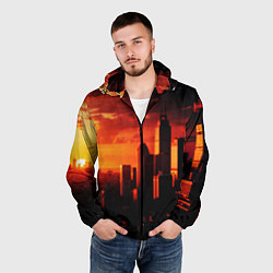 Ветровка с капюшоном мужская Стилизованный город оранжевый закат, цвет: 3D-черный — фото 2