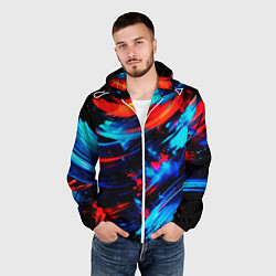 Ветровка с капюшоном мужская Синие и красные мазки краски на черном, цвет: 3D-белый — фото 2