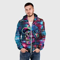 Ветровка с капюшоном мужская Кибер чувак череп на фоне граффити - нейроарт, цвет: 3D-белый — фото 2