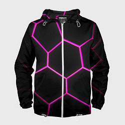 Ветровка с капюшоном мужская Черные соты с фиолетовым неоном, цвет: 3D-белый