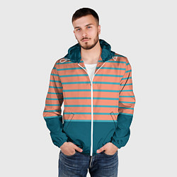 Ветровка с капюшоном мужская Полосатый мандариновый морской рассвет с однотоном, цвет: 3D-белый — фото 2