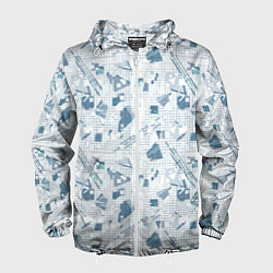 Ветровка с капюшоном мужская Мемфис синий с серым клетчатый геометрический узор, цвет: 3D-белый