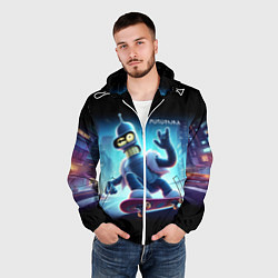 Ветровка с капюшоном мужская Bender is a skateboarder in neon street - ai art, цвет: 3D-белый — фото 2