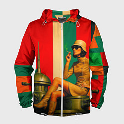 Ветровка с капюшоном мужская Милитари девушка на оружейной башне ретрофутуризм, цвет: 3D-белый