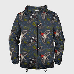 Ветровка с капюшоном мужская Дятлы и цветы, цвет: 3D-черный
