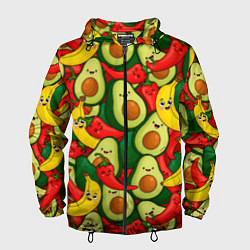 Ветровка с капюшоном мужская Авокадо, бананы, перцы чили улыбаются - паттерн фр, цвет: 3D-черный
