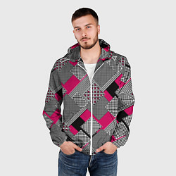 Ветровка с капюшоном мужская Красно черная абстрактная геометрия пэчворк, цвет: 3D-белый — фото 2