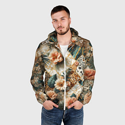 Ветровка с капюшоном мужская Цветы на кусках мрамора и леопардовом узоре, цвет: 3D-белый — фото 2