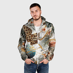 Ветровка с капюшоном мужская Мрамор с цветами и леопардовый узор, цвет: 3D-белый — фото 2