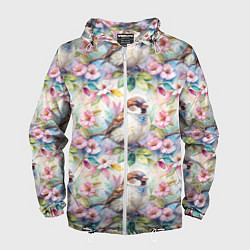 Ветровка с капюшоном мужская Воробей в ярких цветах паттерн, цвет: 3D-белый