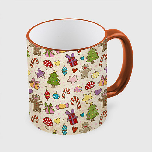 Кружка цветная Рождественский паттерн / 3D-Оранжевый кант – фото 1