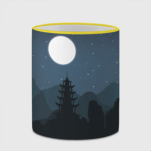Кружка цветная Ночная пагода / 3D-Желтый кант – фото 2