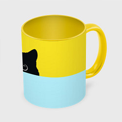 Кружка 3D Черный кот выглядывает, цвет: 3D-белый + желтый