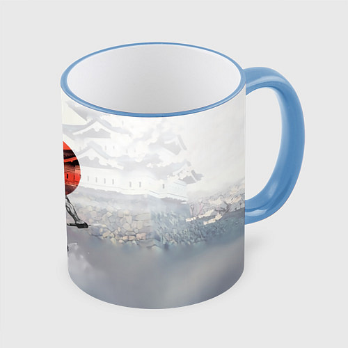 Кружка цветная Японский самурай / 3D-Небесно-голубой кант – фото 1