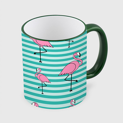 Кружка цветная Полосатые фламинго / 3D-Зеленый кант – фото 1