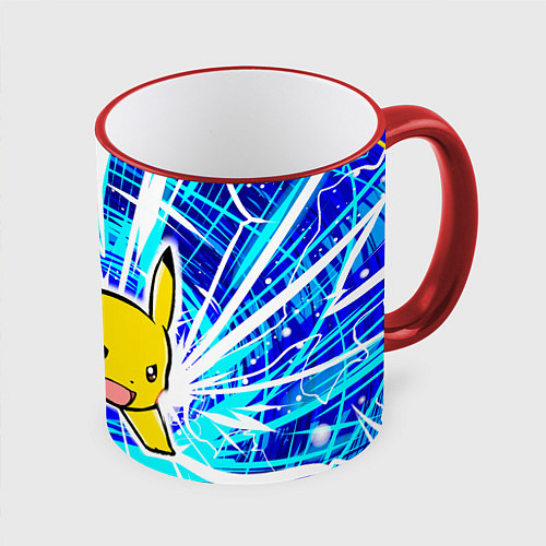 Кружка цветная Пикачу бежит с молниями / 3D-Красный кант – фото 1