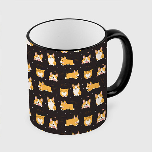 Кружка цветная Вельш корги бемброк - забавные щенки паттерн / 3D-Черный кант – фото 1