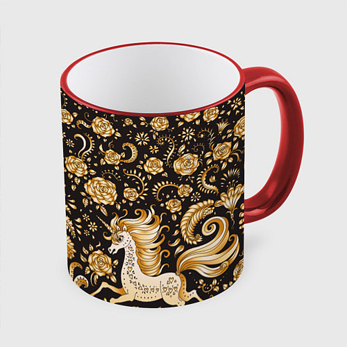 Кружка цветная Золотые единороги и цветы / 3D-Красный кант – фото 1