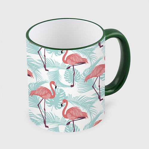 Кружка цветная Узор фламинго и тропических растений / 3D-Зеленый кант – фото 1