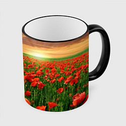 Кружка 3D Красный мак на закате, цвет: 3D-черный кант