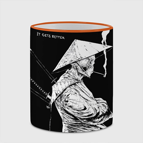 Кружка цветная Самурай скелет с трубкой / 3D-Оранжевый кант – фото 2