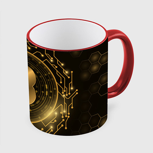 Кружка цветная ЗОЛОТОЙ БИТКОИН / 3D-Красный кант – фото 1