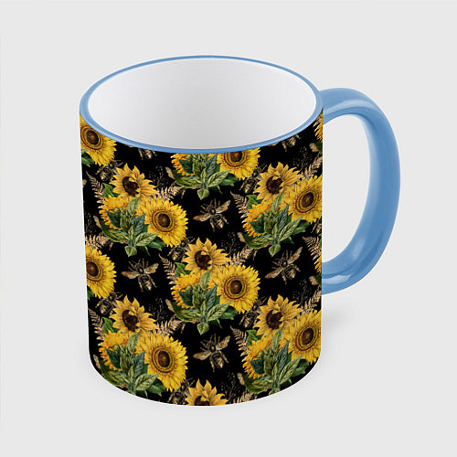 Кружка цветная Fashion Sunflowers and bees / 3D-Небесно-голубой кант – фото 1