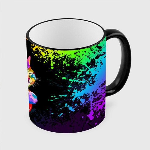 Кружка цветная РАДУЖНЫЙ КОТИК RAINBOW KITTY / 3D-Черный кант – фото 1