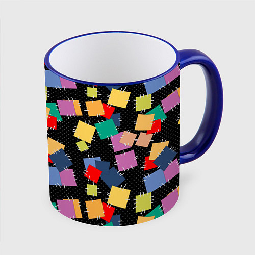 Кружка цветная Заплатки на черном фоне / 3D-Синий кант – фото 1