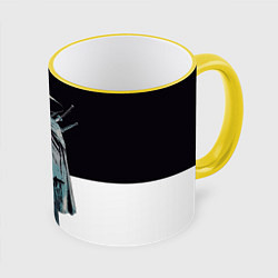 Кружка цветная Скелет Самурай с трубкой на черно белом фоне