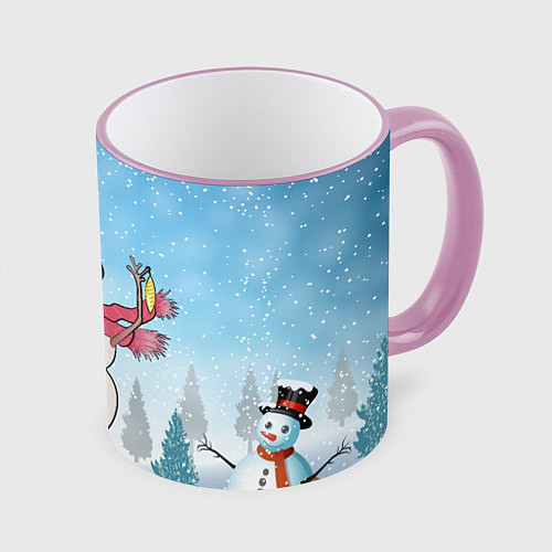 Кружка цветная Снеговик в снежном дворике / 3D-Розовый кант – фото 1