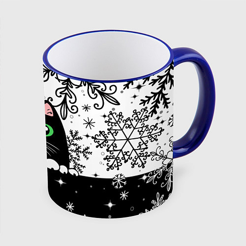 Кружка цветная Новогодний кот в колпаке Санты / 3D-Синий кант – фото 1