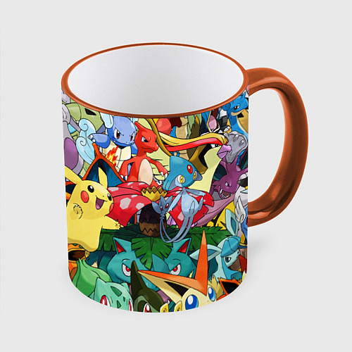 Кружка цветная АНИМЕ, ПОКЕМОНЫ ВСЕ ПЕРСОНАЖИ POKEMON / 3D-Оранжевый кант – фото 1