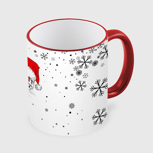 Кружка цветная Новогодний тигр летящие снежинки / 3D-Красный кант – фото 1