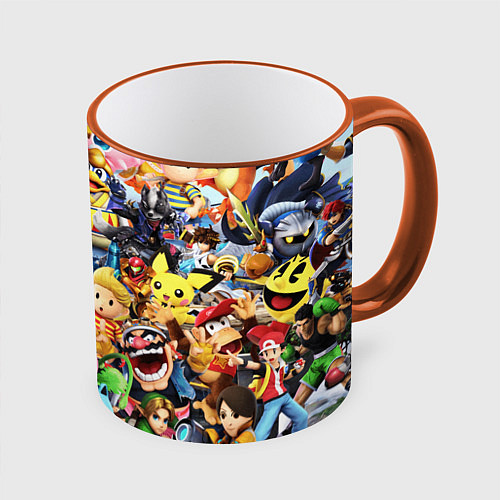 Кружка цветная SUPER SMASH BROS ГЕРОИ ИГРЫ / 3D-Оранжевый кант – фото 1